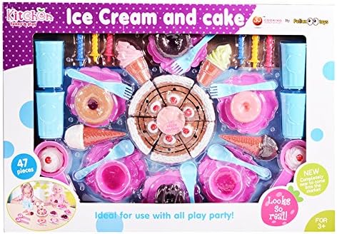 Emorefun Kids Plastic Play Food Set Pretend Play Cake and Icecream with Tea Set Toys Tea Party Playset (47 Pieces)