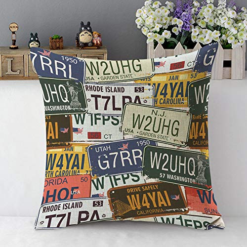 Mugod USA License Plate Pillowcase Retro Car Utah Washington Rhode Island Carolina Print 18"x 18" Soft Square Cotton Linen Pillow Case Cushion Cover Home Decorative for Men Women Boys Girls