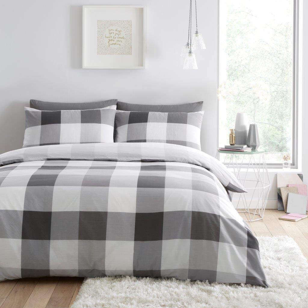 GC GAVENO CAVAILIA Luxurious Cosmic Check Bed Set with Duvet Cover and Pillow Case, Polyester-Cotton, [Single-Grey]