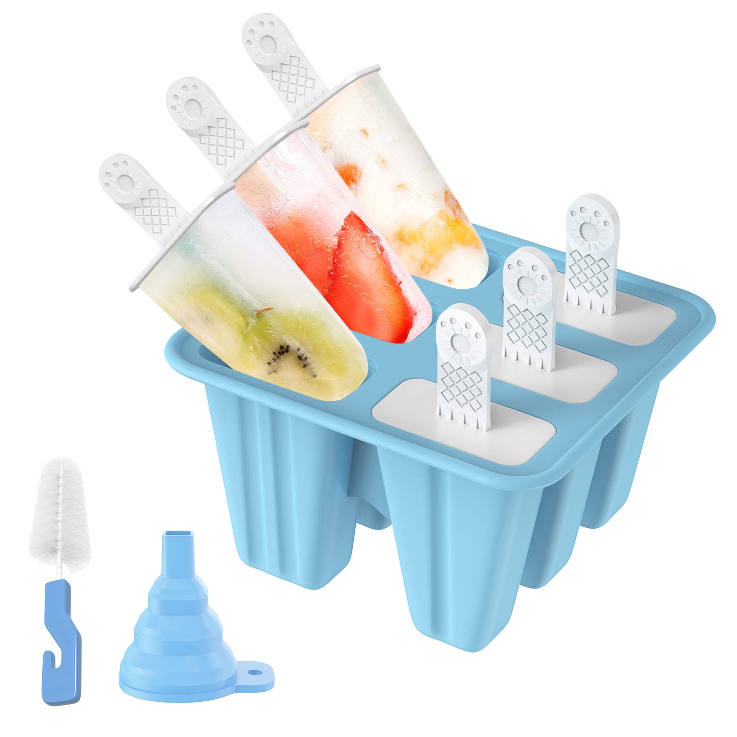 Ozera 6 Cavities Popsicle Molds, Reusable Silicone Popsicle Molds Ice Pop Molds, Easy Release Durable Popsicle Maker Mold for Homemade with Silicone Funnel &amp; Cleaning Brush