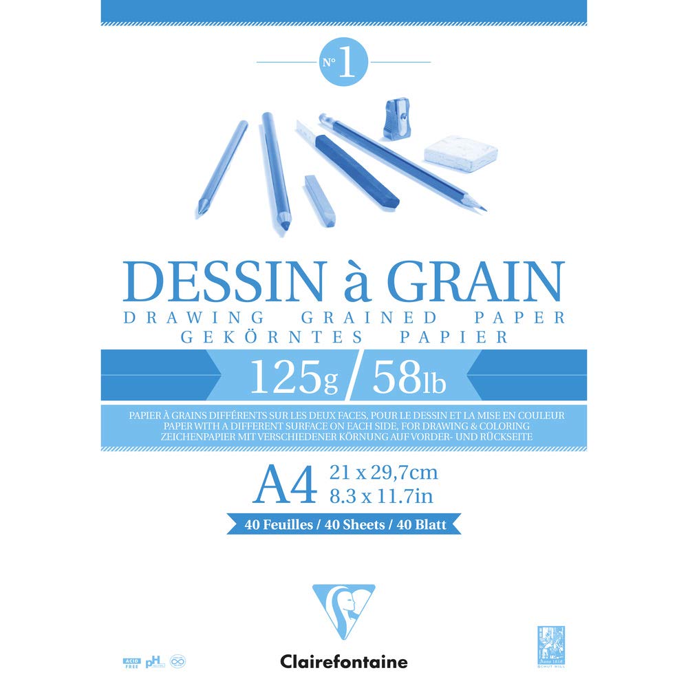 Clairefontaine - Ref 96684C - White Grained Drawing Paper Glued Pad (40 Sheets) - A4 Sized, 125gsm Paper, White & Grained Drawing Paper, Acid Free, pH Neutral