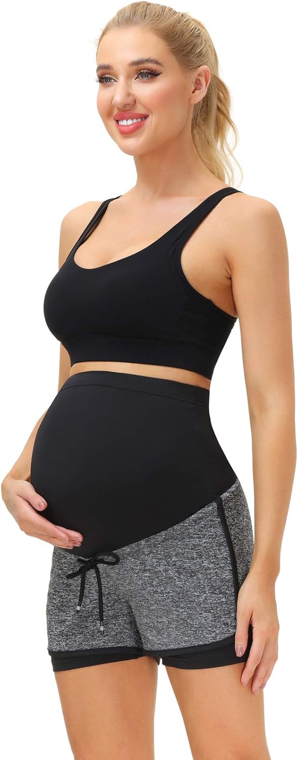 Maacie Maternity Shorts Full Panel Workout Shorts Double Layer Drawstring Waist at  Women’s Clothing store
