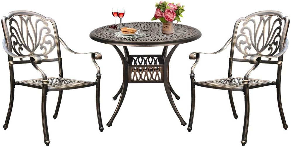 USSerenaY 3 Piece Cast Aluminum Bistro Set Outdoor Bistro Table Set Patio Furniture Sets with 2 Arm Chairs, Umbrella Hole, Antique Bronze Finish (2 Chairs + 1 Table Set): Garden & Outdoor