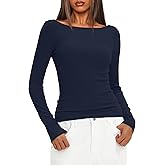 Darong Womens Long Sleeve Boat Neck Top Sexy Backless Slim Fit Basic Tee T-Shirt Ribbed Knit Going Out Tops