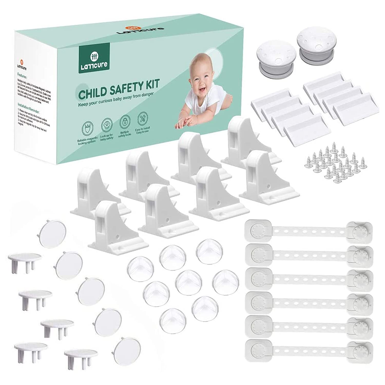 LATTCURE Baby Proofing Set 36 PCS, 8 Magnetic Cupboard Locks with 2 Keys, 8 Corner Protectors, 8 Child Safety Straps, 10 UK Socket Covers Type G, Complete Child Safety Kit for Cabinets & Drawers