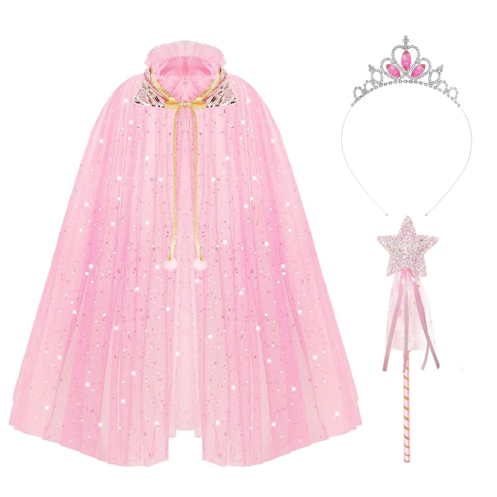 Cosysparks Princess Cape for Girls, Pink Princess Cloak Sparkling Sequins Tulle Princesses Cape Princesses Fancy Dress Halloween Costume with Fairy Wand Princesses Tiara for 6-10 Years Old Girls