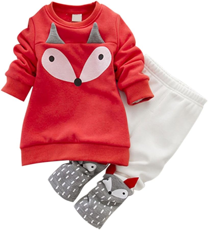 Molil Baby Girls Winter Long-Sleeved Cartoon Fox Thick Velvet Sweater Suits Set