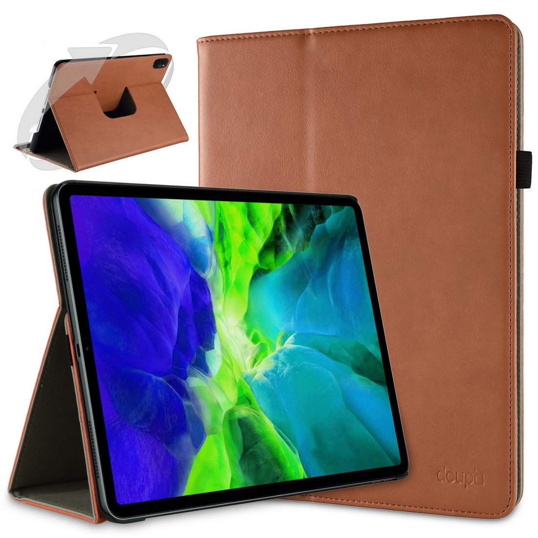 doupi Smart Flip Cover for iPad Pro 11 inch (2. Gen.) 2020, Deluxe Protective Case with Sleep/Wake Function 360 Degree Rotatable Stand Screen Protector, Brown — image 1
