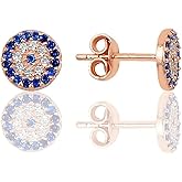 Sterling Silver Rose Gold Evil Eye Stud Earrings | 7mm Round Design with Blue & White CZ Stones | Protection Jewelry for Women
