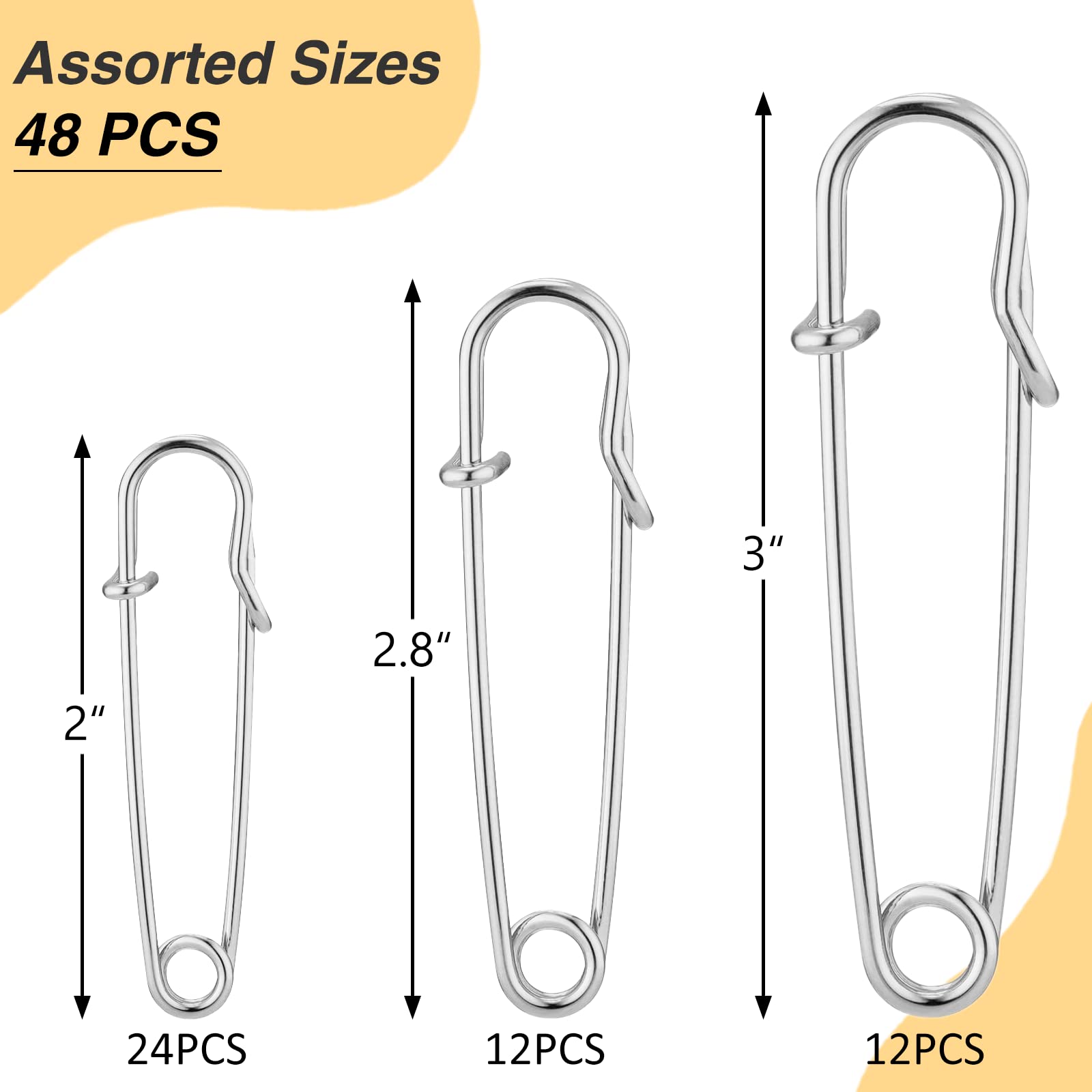 WISYOK 48 Pcs Heavy Duty Safety Pins Assorted Sizes 2'', 2.8'', 3'', Large Safety Pins, Pack of 48 Strong, Sturdy Bulk Pins, for Clothes, Blankets, Crafts, Kilts, Stainless Steel Wire Extra Sturdy