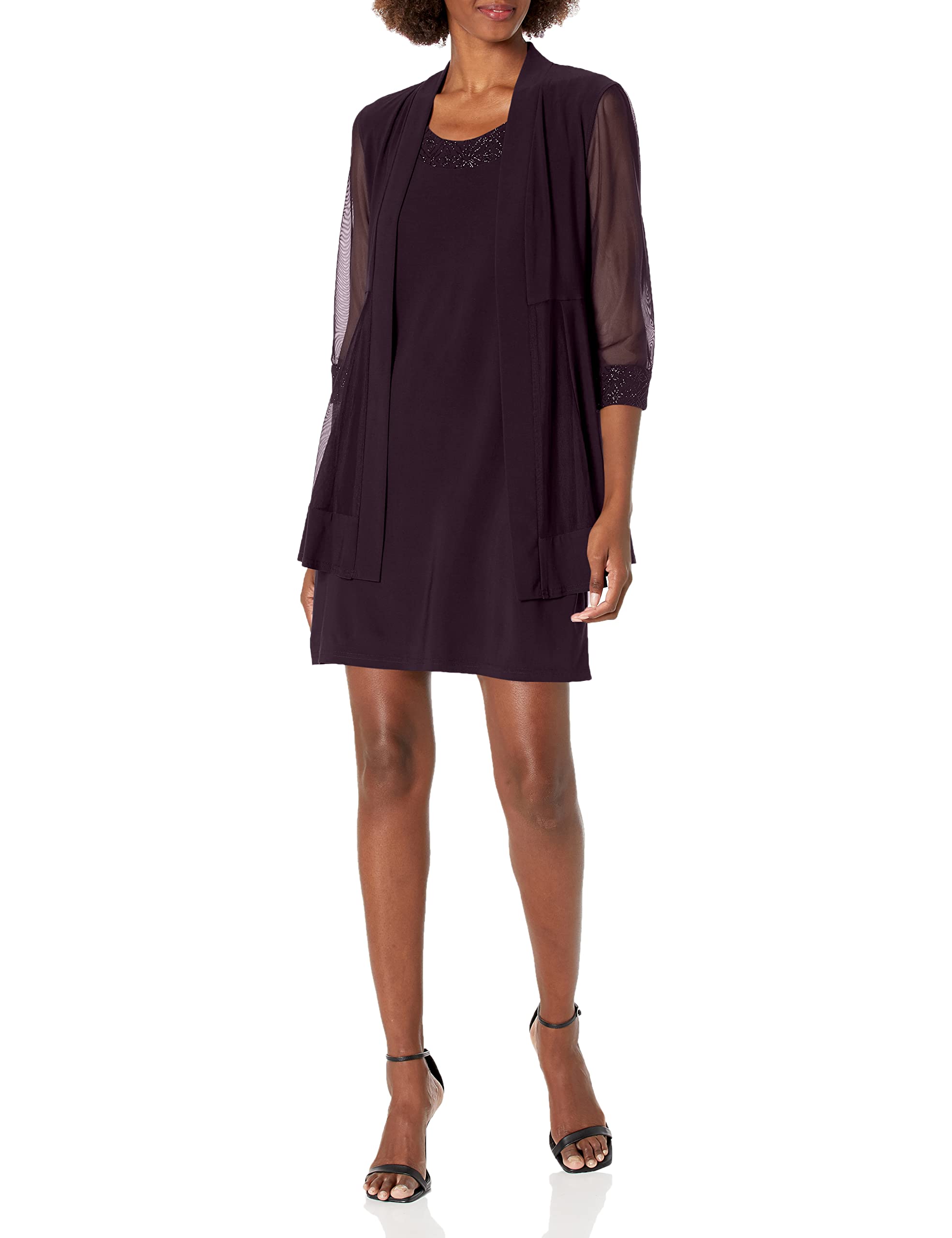 R&M Richards Women’s Size 2 Piece Mesh Panel Beaded Neck Jacket Dress Plus, Plum, 14W