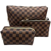 bopomofo Brown Checkered Cosmetic Bag 3 Pack,1 Big Pouch,1 Makeup Brushes Holder, 1 Coin Purse,Portable Travel Makeup Bag Set Lightweight and Waterproof Storage Bag Organizer (Brown Checkered 3 Pcs)