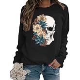 Bloom Skull Sweatshirt for Women Boho Floral Skull Graphic Tshirt Fall Long Sleeve Crewneck Pullover Tops