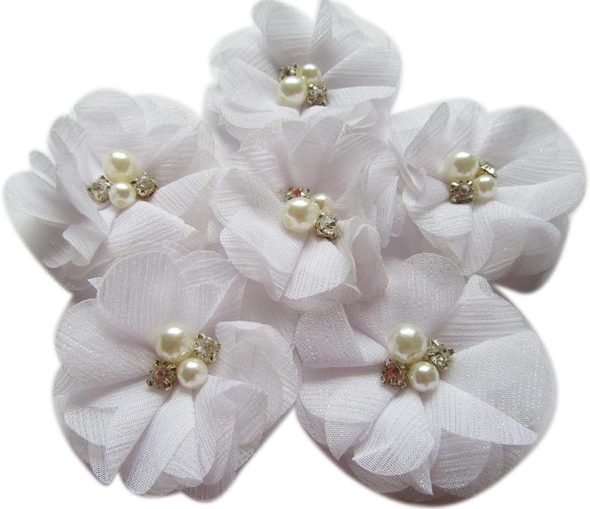 YYCRAFT 20 Pcs Glitter Chiffon Flower Rhinestone Pearl for Dress Sewing,DIY Hair Bows Craft and Party Decoration(White,2")
