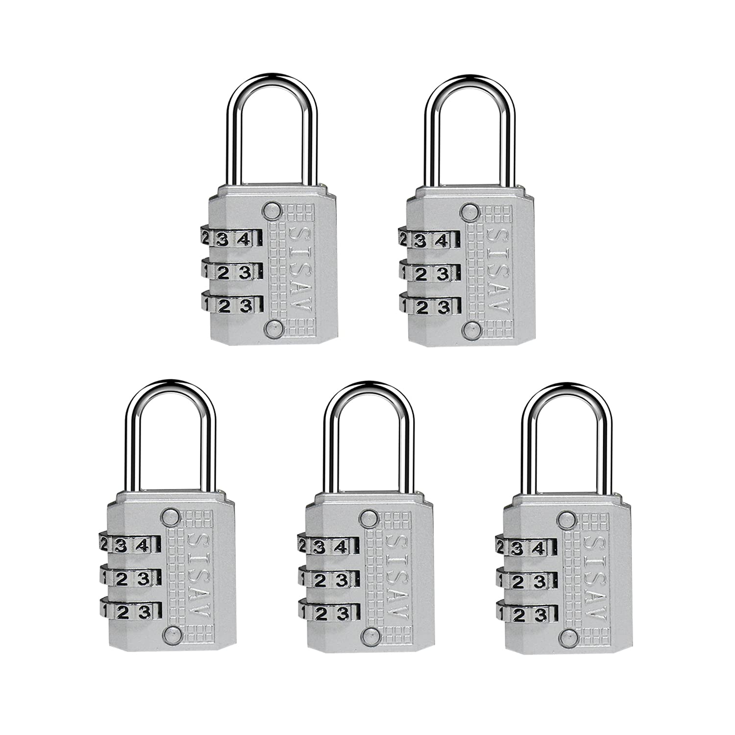 SISAV 3 Digit Combination Lock,Gym Padlock,Outdoor Padlock,Suitable for School Lockers,Tool Boxes,Travel Backpack,Hasp(Silver 5pack)