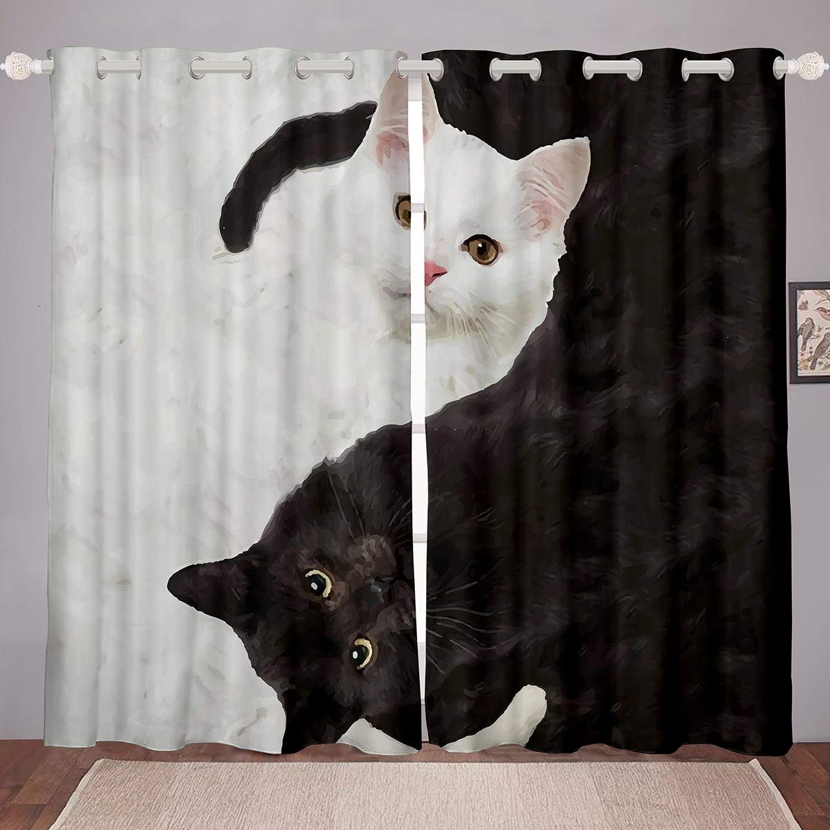 Homemissing Cute Cat Curtains Black White Cats Window Curtains For Bedroom Living Room For Kids Children Teens Pet Cats Pattern Window Drapes 3d Animal Theme Cat Lovers Treatments,W46*L72