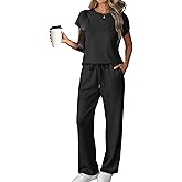 ATHMILE Two Piece Sets for Women Casual Summer Travel Outfits Cap Sleeve Vacation Cap Sleeve Wide Leg Pants Lounge Set