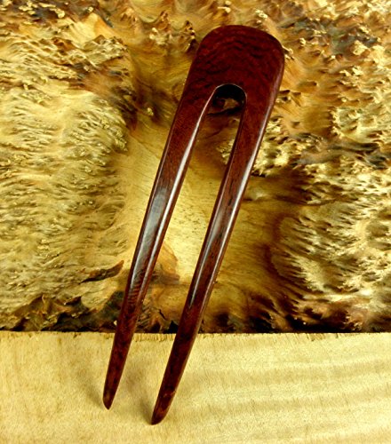 JWL (1) Laos Rosewood Two Prong Curved 5 Inch Hair Fork FPL 4 Inches Stick Pick Pic Pin Bun Holder - Hawaiian Style