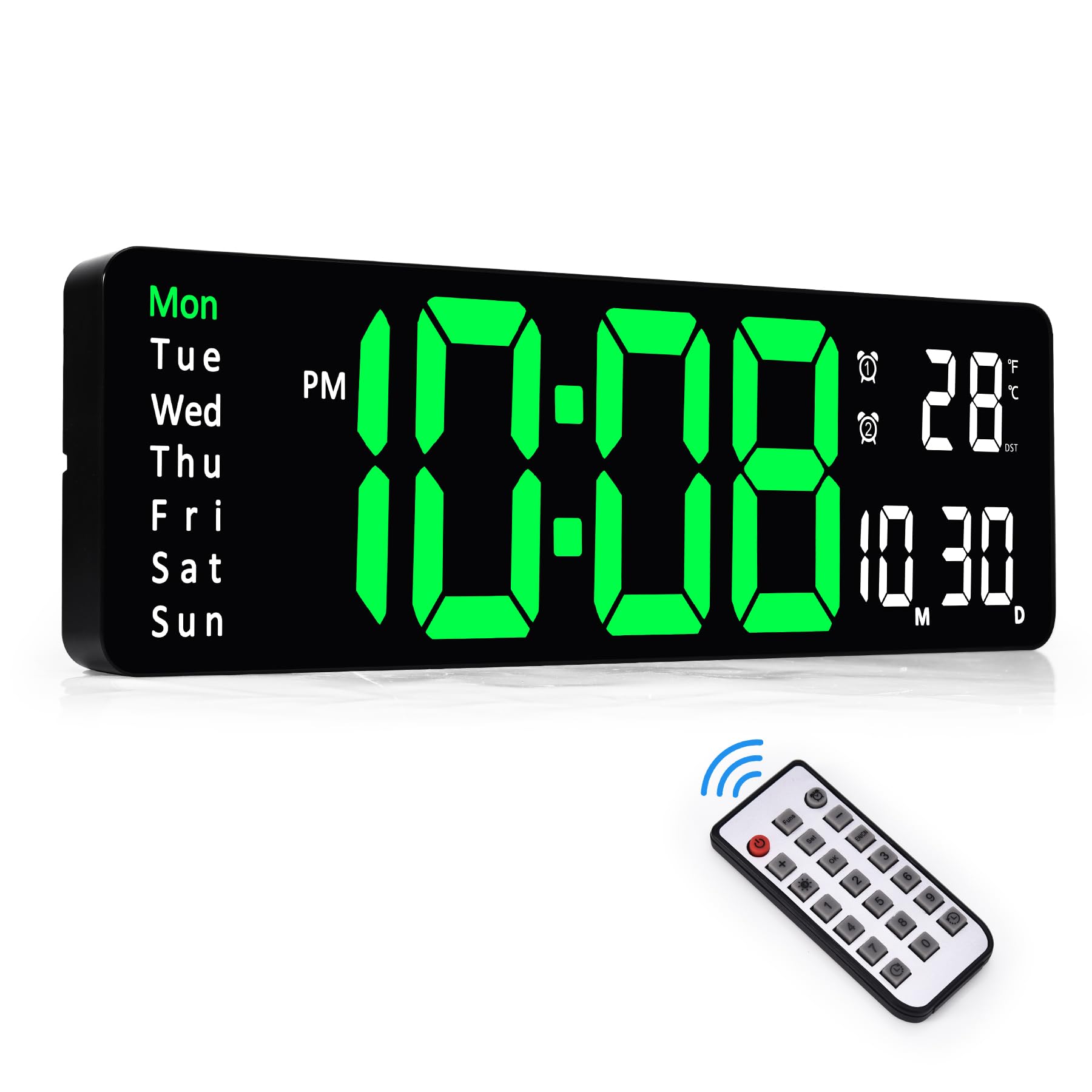 Sukeen Digital Wall Clock, 13" Digital Clock Wall Clock Alarm Clock with Remote Control/Count Up & Down/10-Level Dimming/Dual Alarm/Date/Temperature for Home, Office, Workshop, Gym Clock - Green