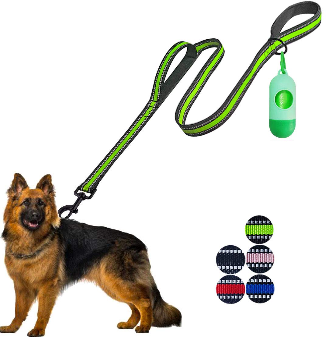 JSXD Heavy Duty Double Handle Dog Leash - 5 FT with Comfortable Padded and Reflective Rope, for Small to Large Dogs (Wide-Green)