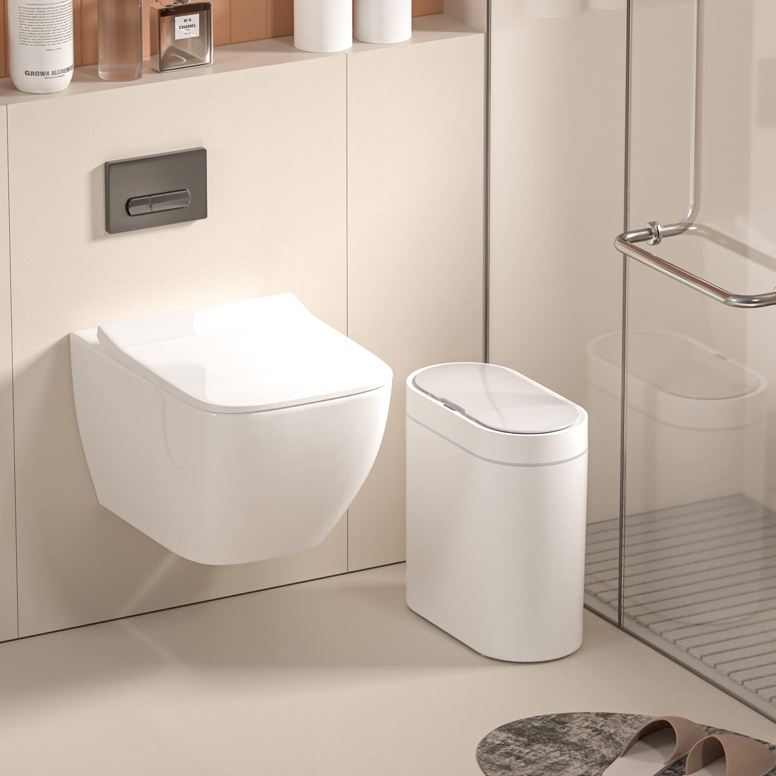 ELPHECO 2.5 Gallon Bathroom Trash Can with Lid, Slim Motion Sensor Garbage Can, Automatic Waste Bin, Small Narrow Trash Can for Bathroom, Bedroom, Office, Kitchen – White