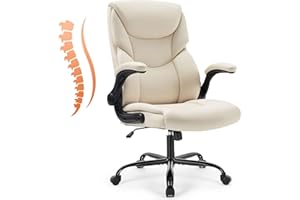 Sweetcrispy Ergonomic Office Chair Heavy Duty Task Desk Chair with Flip-up Arms, PU Leather, Adjustable Swivel Rolling Chair with Wheels, Beige
