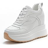 MIEHUIAI Platform Sneakers for Women High Hidden Heel Wedge Sneakers Fashion Leather Chunky Lace up Wedge Tennis Shoes Increasing 3.94 inch