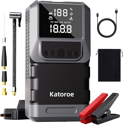 Arrancador de Coches 6000A con Compresor, 150PSI Inflador de Neumáticos, Arrancador de Baterias de Coche(10L Gasolina o 8L Diésel), 12V Jump Starter con Pantalla LED, Luz de Emergencia