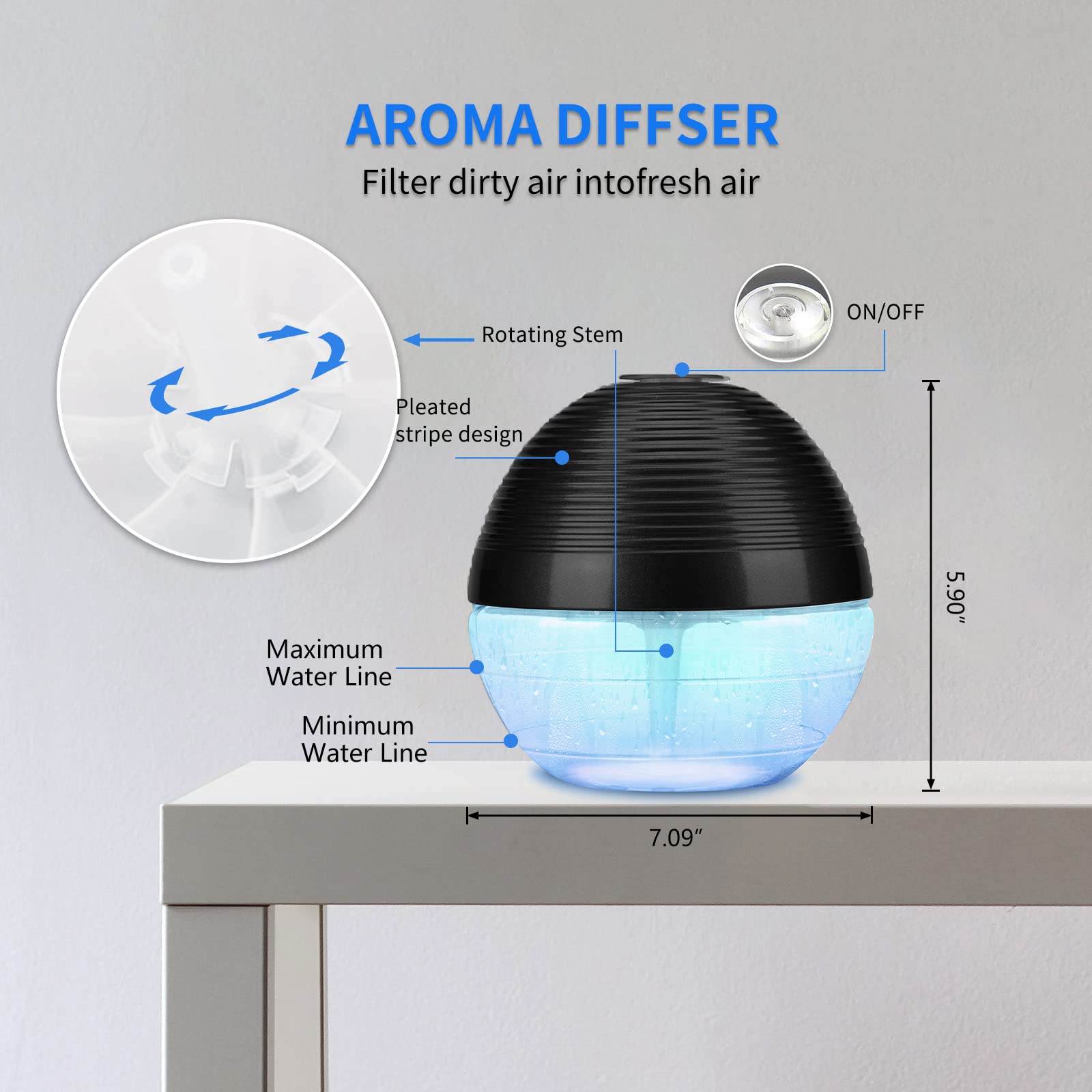 Water-Based Purifier Air Washer, Air Revitalizer & Freshener, Air Fresher with 6 Colorful lights for Rooms (Black)
