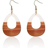 Resin Wooden Lightweight Geometric Dangle Drop Earrings Natural Wood Teardrop Earrings for Women Statement Bohemian Jewelry