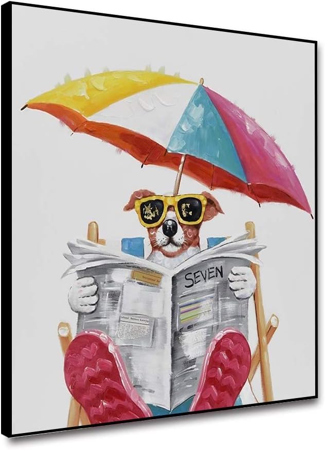 Yongto Dog Reading Newspaper Canvas Wall Art Funny Animal Painting Chair Umbrella Doggy Wearing Glasses Picture Modern Canvas Wall Decor for Living Room Bathroom 12x12 Inch Framed