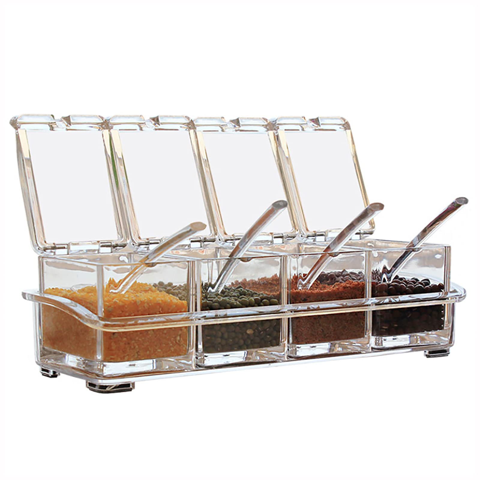 TopHomer Seasoning Box Transparent Seasoning Box, 4 Pieces Seasoning Storage Container with Spoon, Condiment Jars with Cover and Spoon for Pepper Spice Salt Sugar Storage