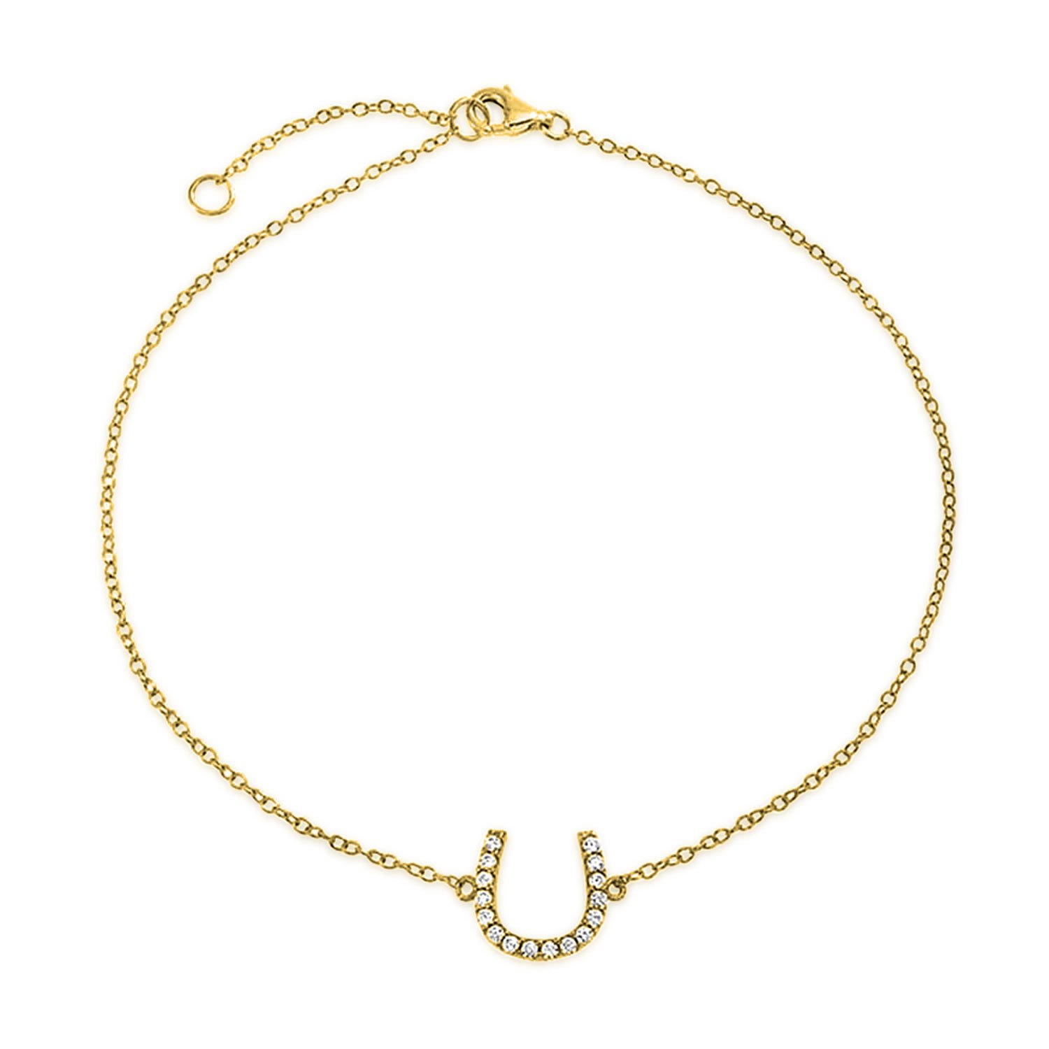 Delicate Pave CZ Accent Equestrian Horseshoe Anklet Lucky Charm Anklet Bracelet Western Jewelry For Women Teen Gold Plated .925 Sterling Silver 9-10 Inch