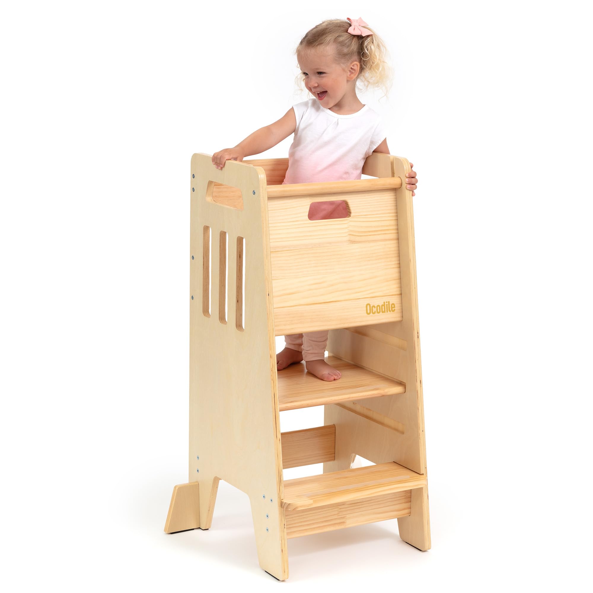 OCODILE Toddler Tower with a Sliding Door and 3 Adjustable Heights - Safe Toddler Kitchen Stool Helper with Support Feet - Updated Design for 18+ Months to 6-Year-Old Kids - Varnished