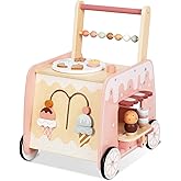 Wooden Baby Walker, Multifunctional Ice Cream Cart Activity Toy for Learning to Push Walk with Wheels, Pretend Playset Ideal for Toddlers, Boys and Girls Ages 18-36M