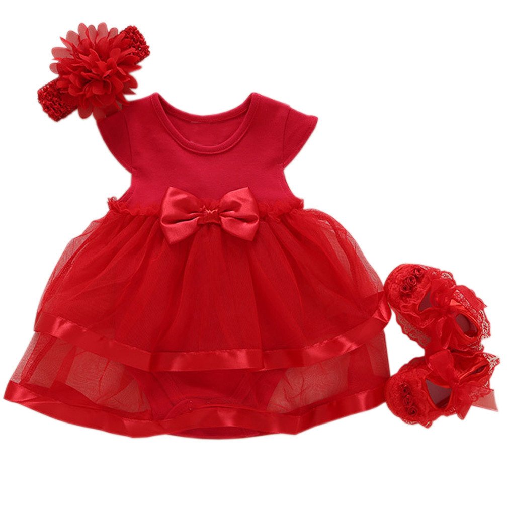 Photo 1 of **MISSING 1 SHOE** Niyage Baby Girls Clothes Dress Headband Shoes 3 Pcs Set Flowers Party Outfit Romper Dress-Red 3-6 Months