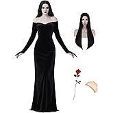 QUJQOM Halloween Costume for Women Black Gothic Dress Costume with Wig Red Rose Cute Soft Black Dress for Cospaly Costume