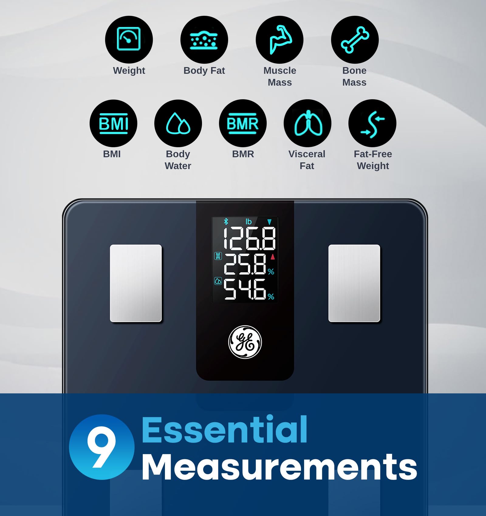 GE Smart Scale for Body Weight and Fat Percentage with All-in-one LCD Display, Digital Bathroom Weight Scales Bluetooth Body Composition Analyzer with App, Accurate Weighing, 400 lbs / 180 kg