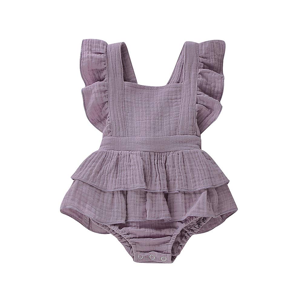 Photo 1 of (BAGGED) Douhoow Newborn Baby Girls Romper Ruffle Jumpsuit Bodysuit One-piece Cotton Linen Outfits Clothes (Purple,6-12 Months)