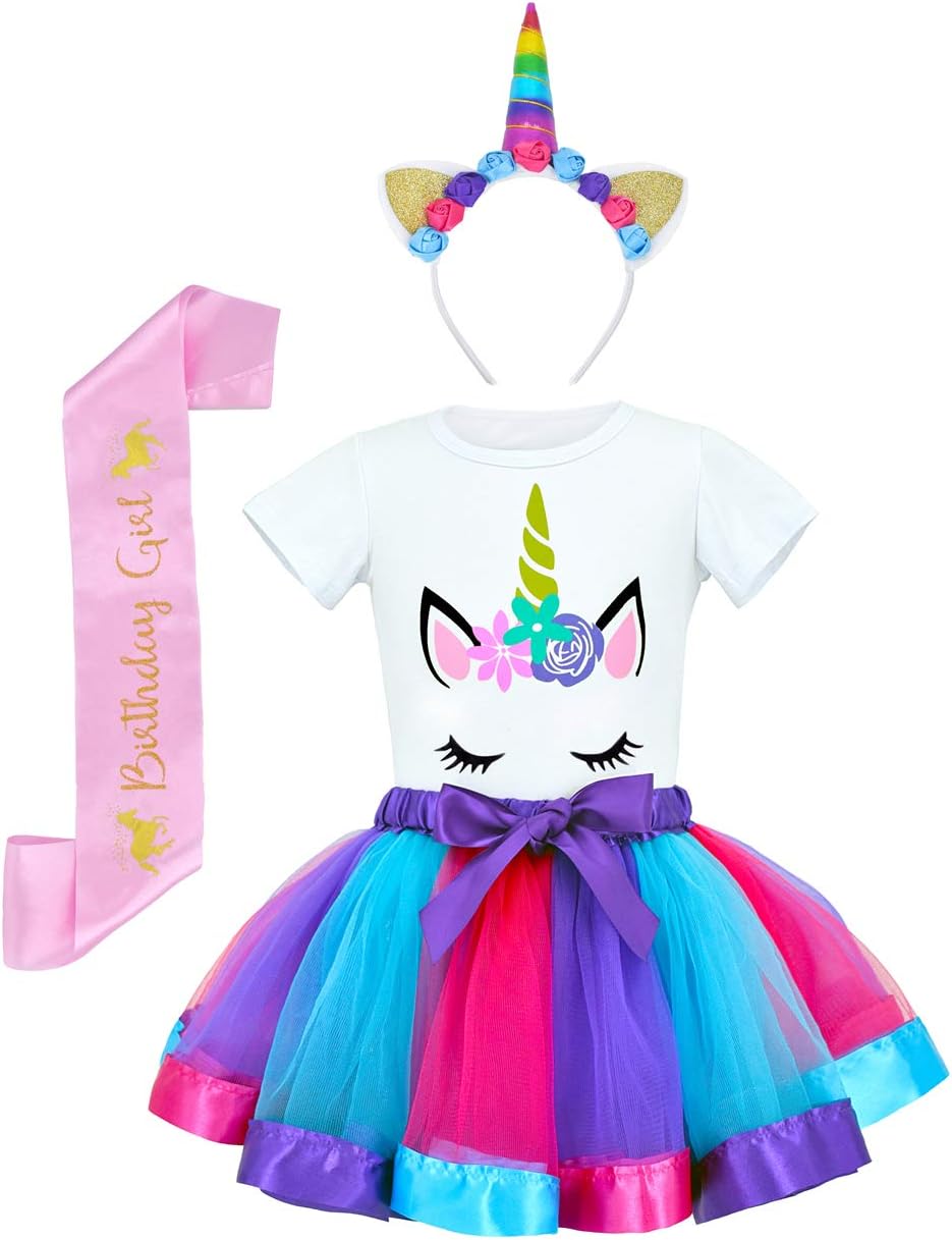 Girls Unicorn Costume Rainbow Tutu Skirt with White Shirt, Headband & Satin Sash