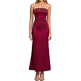 URYIAO Satin Formal Wedding Guest Dresses for Women Strapless Tube Top Bodycon Ruched Mermaid Cocktail Party Maxi Dress