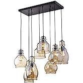 FM-24 Vintage 8-Lights Island Cognac Glass Cluster Pendant Chandelier Antique Black Finish Glass Ceiling Lights for Dining Ro