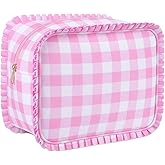 SilTriangle Pink Gingham Ruffle Makeup Bag Large Travel Cute Checkered Cosmetic Toiletry Bag with Zipper for Women Girls, Toiletry Pouch Make up Organizer Gift