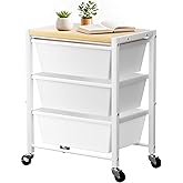 Rolling Cart with 3 Drawers, Plastic Drawer Storage Carts with Lockable Wheels & Wooden Tabletop, Metal Utility Cart Organizer, Office Bedroom Classroom Craft Organization and Storage, Bright White