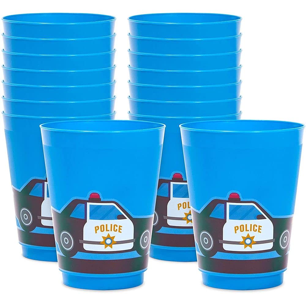 BLUE PANDA 16 Pack Plastic Police Cups, Car Party Favors for Birthday Party Supplies (16 oz)