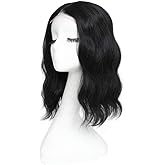 Rushinice Black Short Wavy Wig for Women, Lace Hairline Middle Part Bob Style Heat Resistant Synthetic Wigs Natural Looking for Daily Party 14 Inch