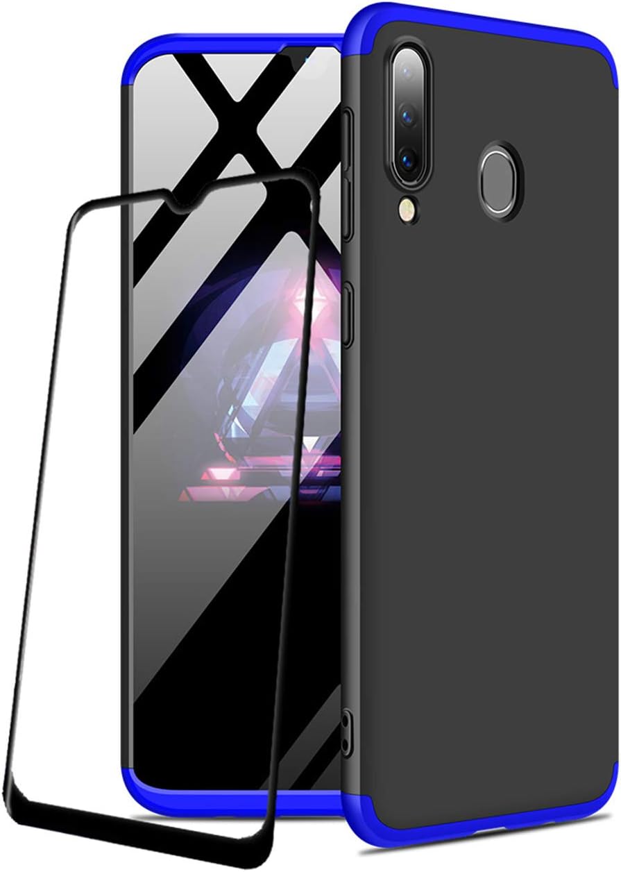 JOYTAG Compatible Samsung Galaxy A30 case +Tempered glass film 360 degrees Blue black ultra thin Matte All-inclusive Protection 3 in 1 PC Phone case cover- Blue black