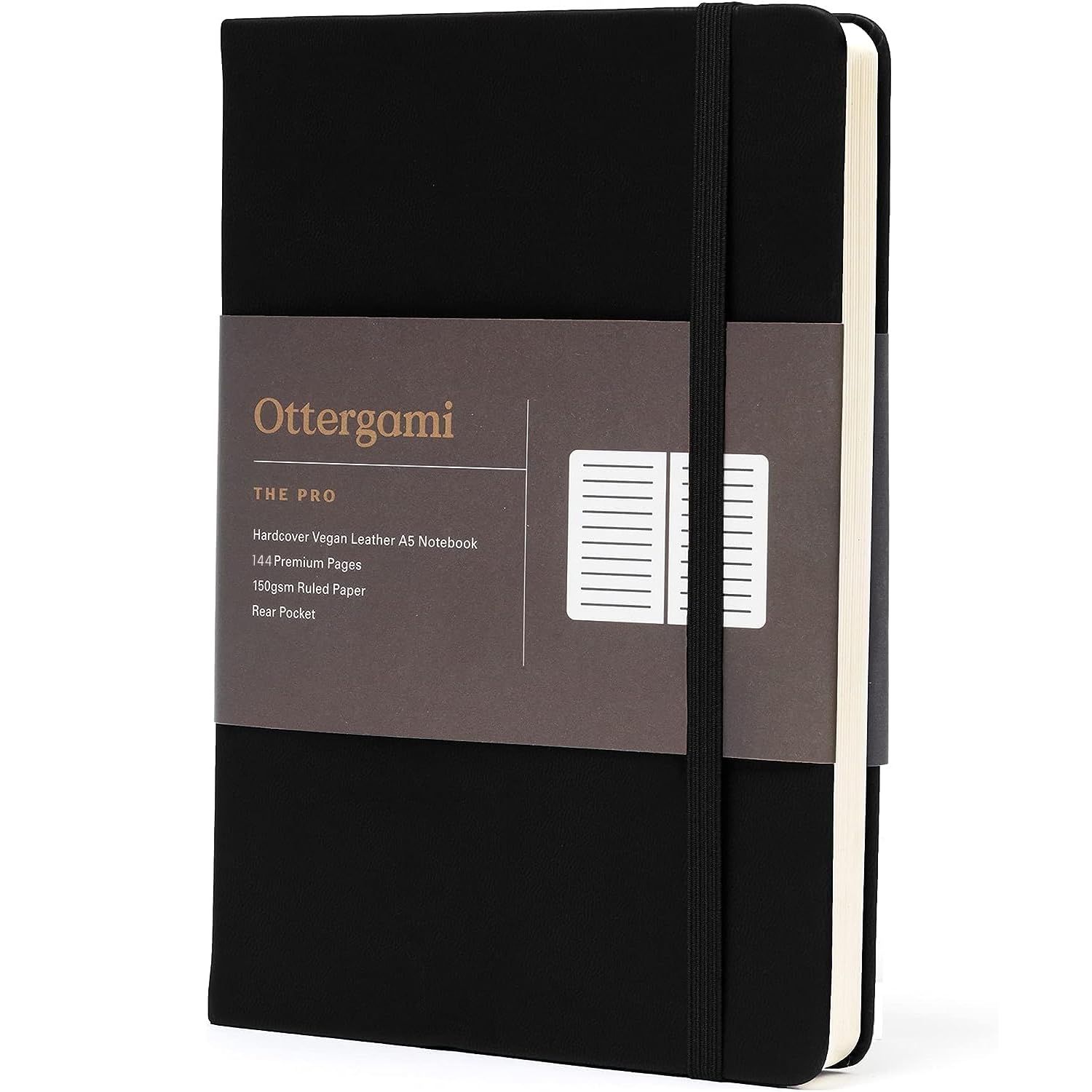 Ottergami A5 Notebook Hardback - The Pro Lined Journal - 144 Pages, Thick 150gsm Paper Note Book - Luxury Vegan Leather Journals for Women & Men - Work & University Essentials (Black)