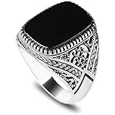 KsrModa Sterling Silver Signet Ring with Black Onyx Stone - Men's Handmade Engraved Silver Ring - Gift for Men, Dad