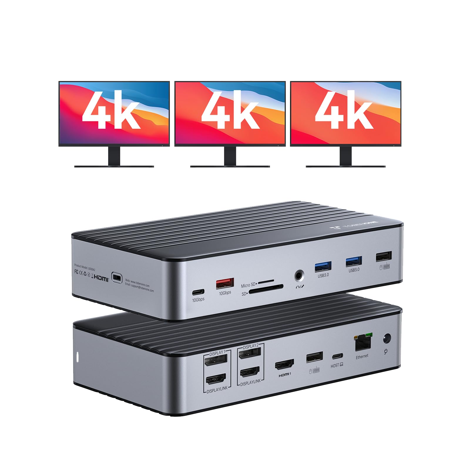 Photo 1 of TobenONE DisplayLink Docking Station 3 Monitors with 3 HDMI(4K@60Hz), USB C Docking Station with 120W Charger, for MacBook Pro/Air, Thunderbolt 4/3, USB-C Windows(2 DP, 6 USB, Ethernet, SD/Micro SD)